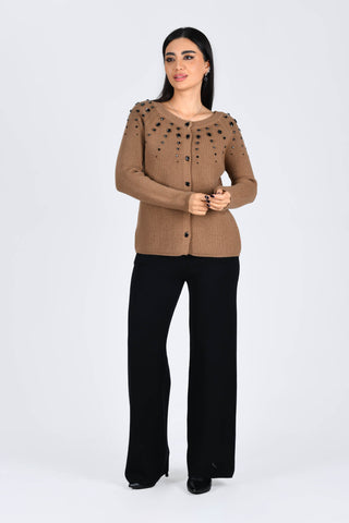 Kahve Boncuk Detaylı Hırka - 3484