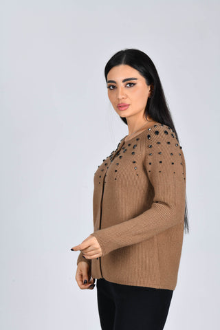 Kahve Boncuk Detaylı Hırka - 3484