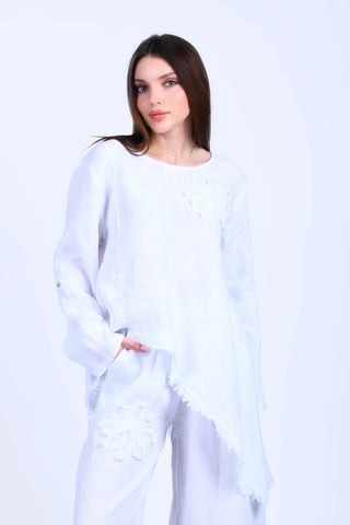Beyaz Asimetrik Kesim Keten Bluz - CS14924