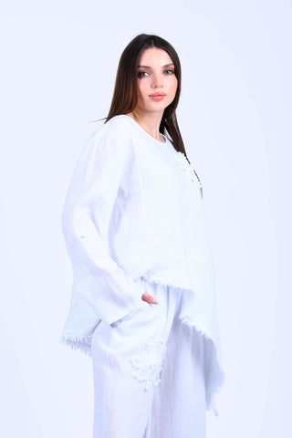 Beyaz Asimetrik Kesim Keten Bluz - CS14924
